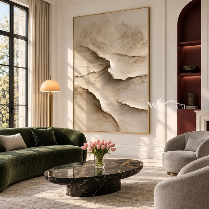 Cream Canyon Shelves Textured Painting shown in a living room with a sofa.
