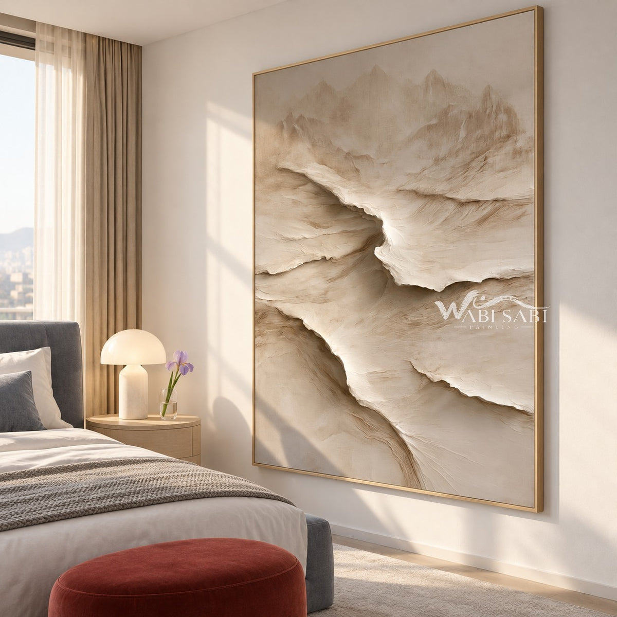 Cream Canyon Shelves Textured Painting shown in a bedroom.