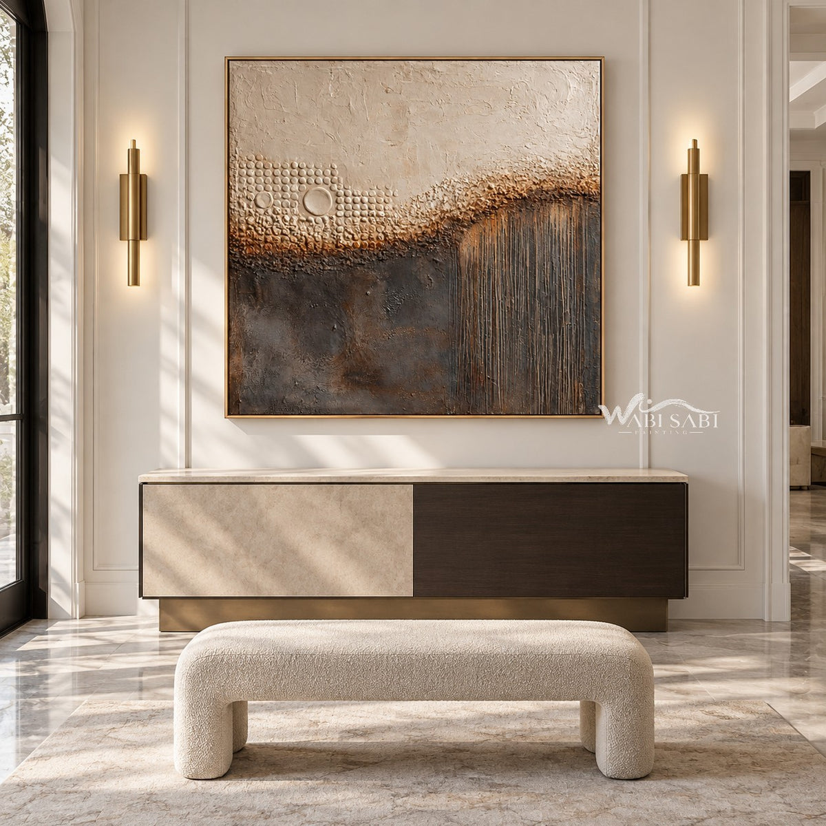 Cream Circles and Charcoal Line Abstract Wall Art shown above a fireplace and pale bench.