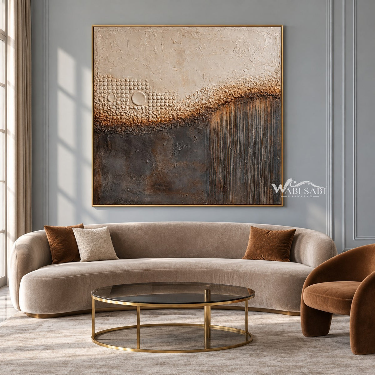 Cream Circles and Charcoal Line Abstract Wall Art shown above a curved pale sofa.