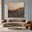 Cream Circles and Charcoal Line Abstract Wall Art shown above a curved pale sofa.