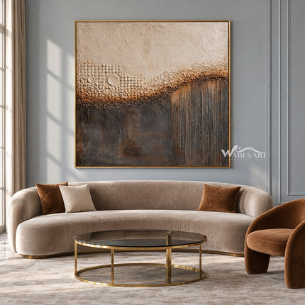 Cream Circles and Charcoal Line Abstract Wall Art shown above a curved pale sofa.