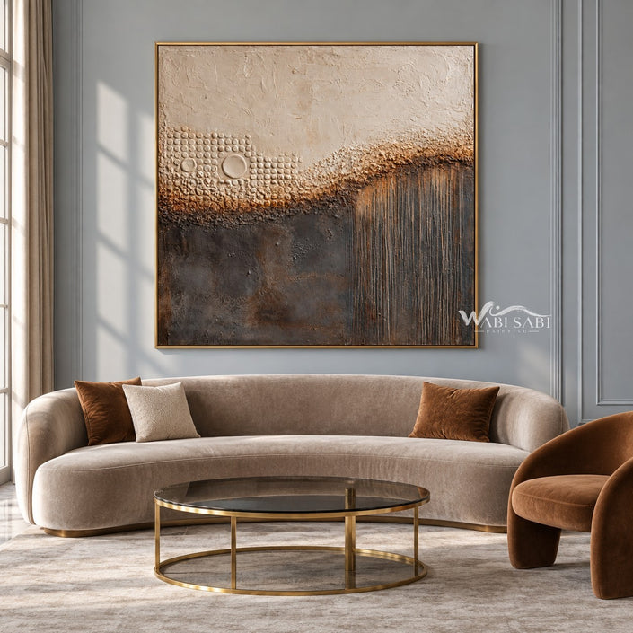 Cream Circles and Charcoal Line Abstract Wall Art shown above a curved pale sofa.