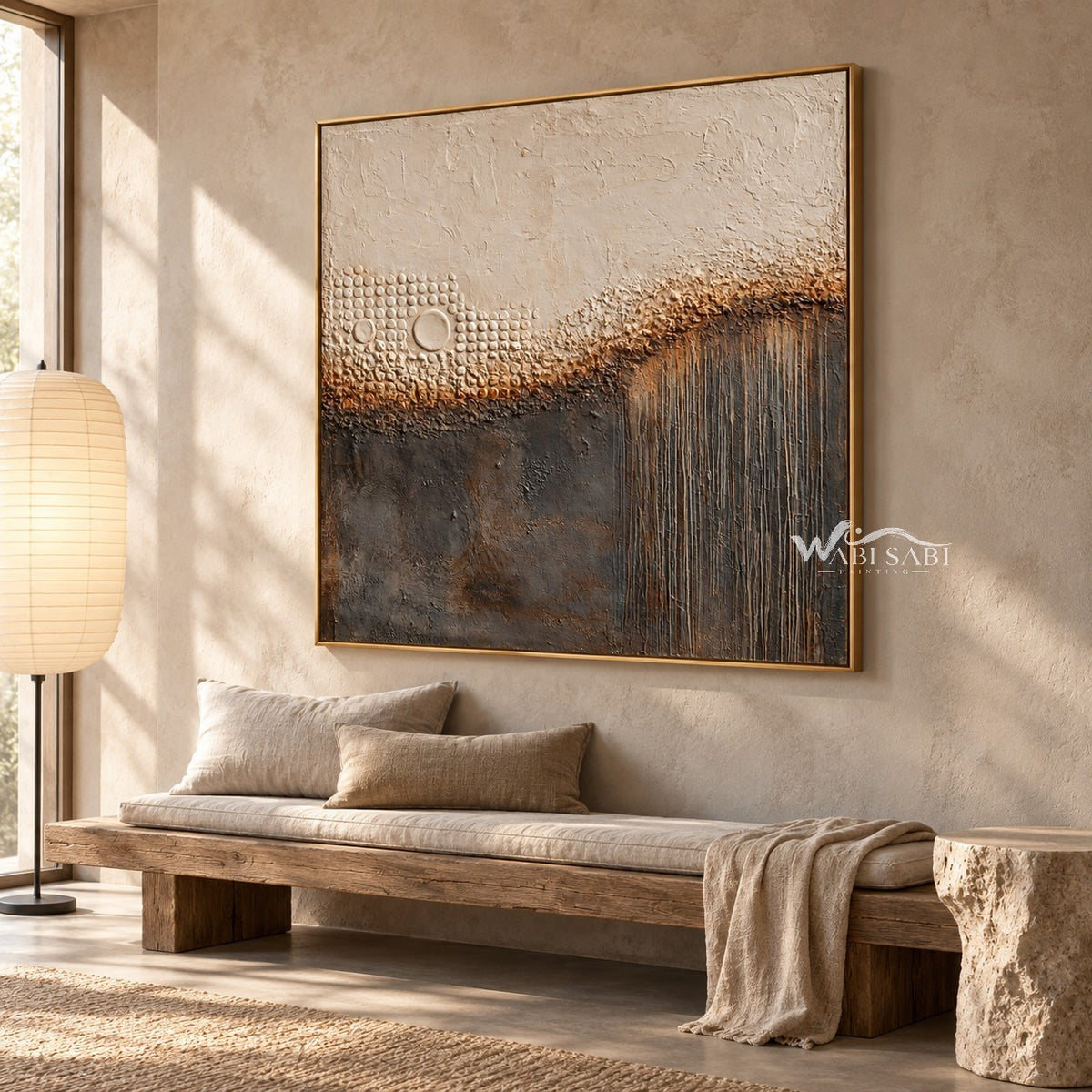 Cream Circles and Charcoal Line Abstract Wall Art shown above a long pale bench.