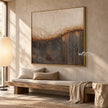 Cream Circles and Charcoal Line Abstract Wall Art shown above a long pale bench.