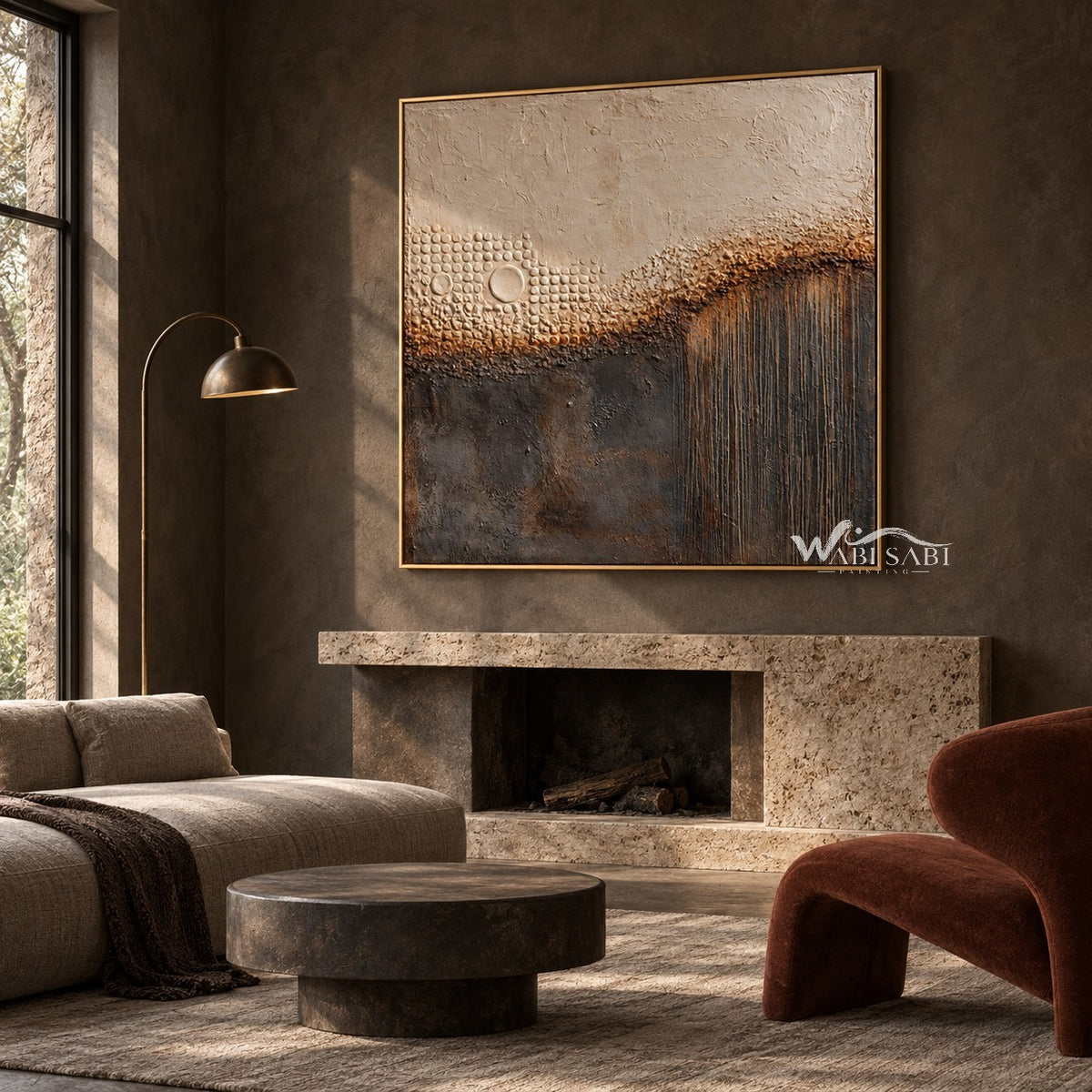 Cream Circles and Charcoal Line Abstract Wall Art shown above a fireplace.