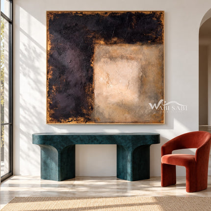 Cream Corner Block on Black Canvas Painting shown above a console.
