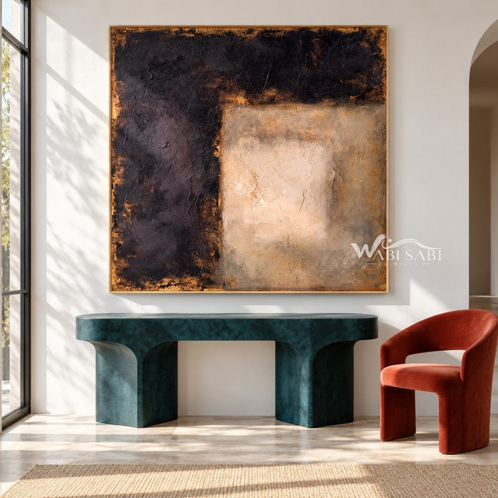 Cream Corner Block on Black Canvas Painting shown above a console.