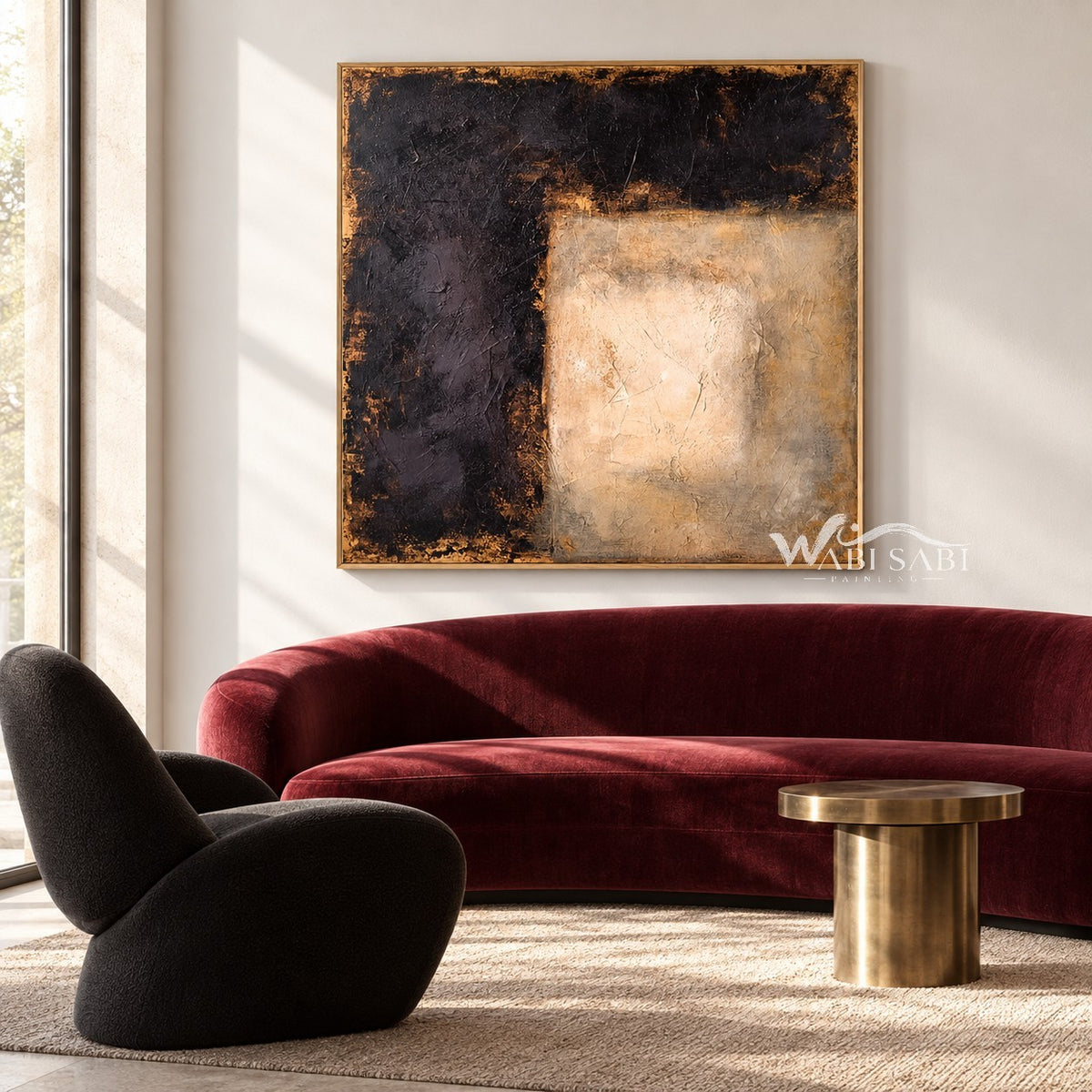 Cream Corner Block on Black Canvas Painting shown in a living room with a sofa.