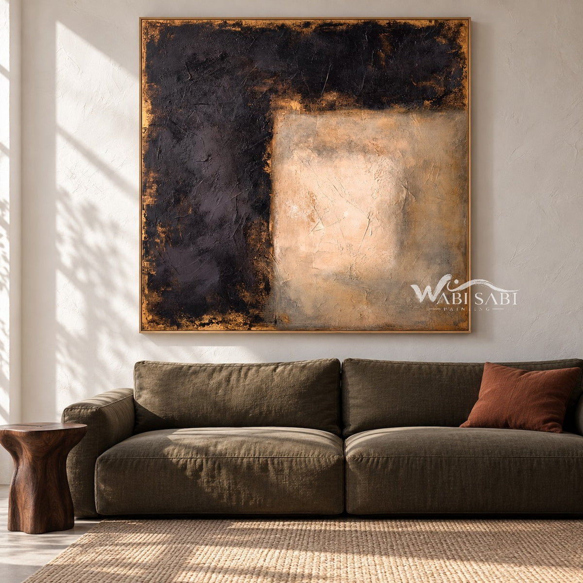 Cream Corner Block on Black Canvas Painting shown in a living room with a sofa.