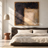 Cream Corner Block on Black Canvas Painting shown in a bedroom.