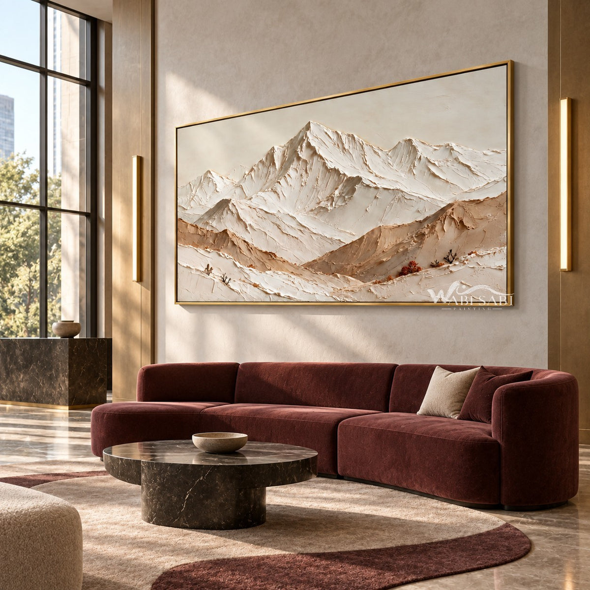 Cream Mountain Panorama with Ochre Ridges shown above a burgundy sofa.
