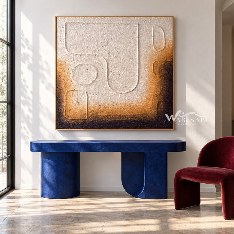 Cream Rounded Outline Shapes Abstract Painting shown above a console.