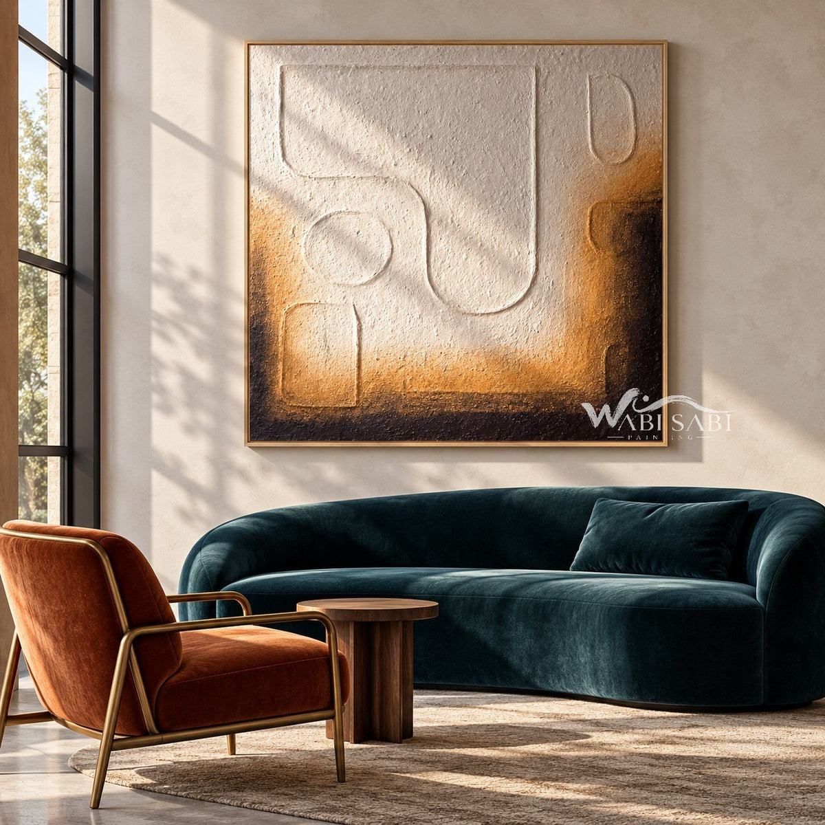 Cream Rounded Outline Shapes Abstract Painting shown in a living room with a sofa.