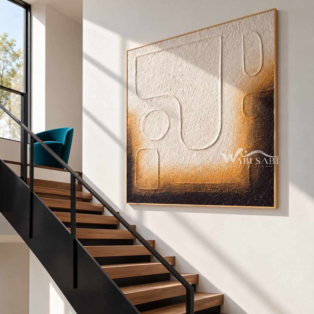 Cream Rounded Outline Shapes Abstract Painting shown beside a staircase.