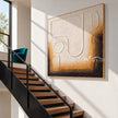 Cream Rounded Outline Shapes Abstract Painting shown beside a staircase.