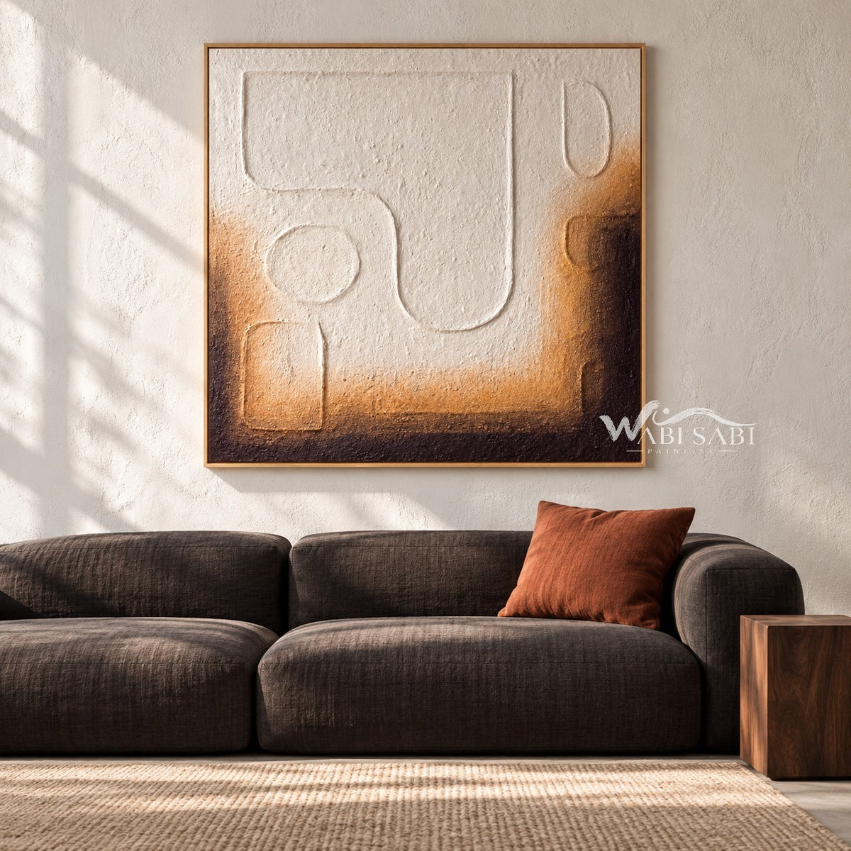 Cream Rounded Outline Shapes Abstract Painting shown in a living room with a sofa.
