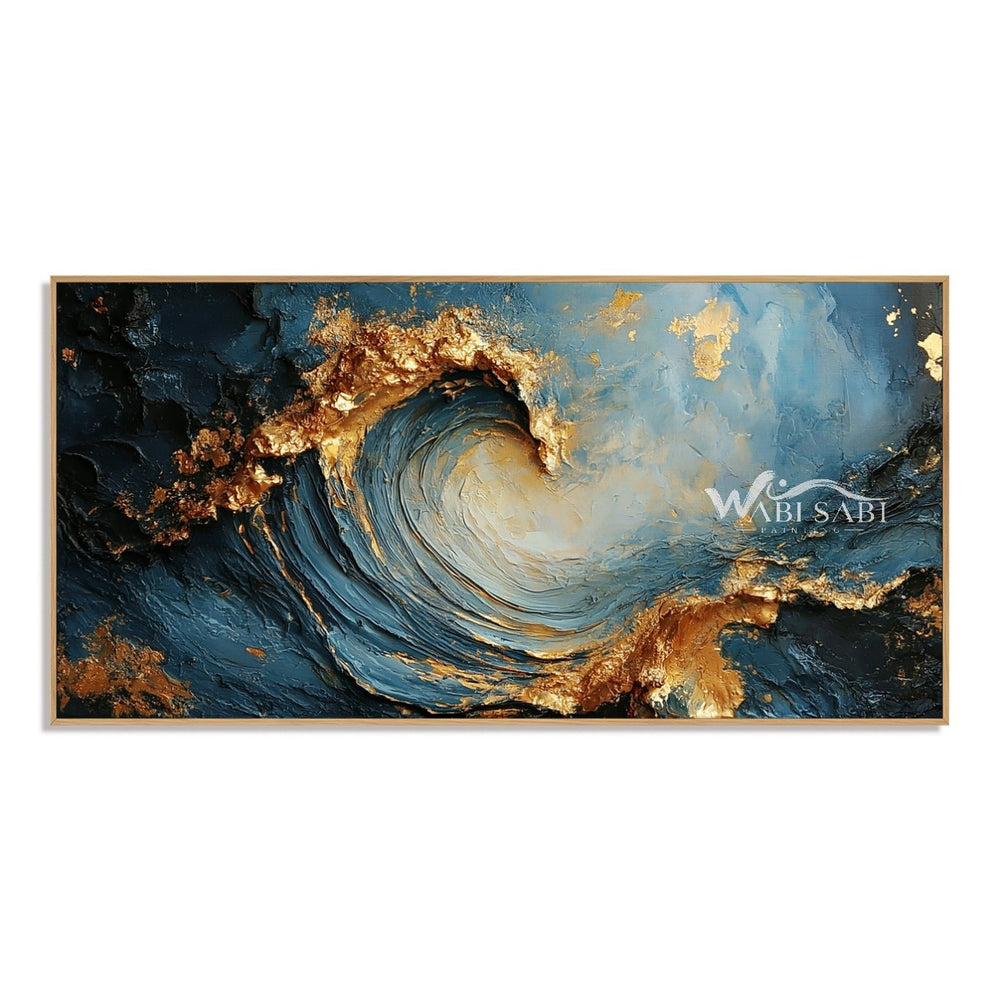 Curling Blue Wave with Gold Tone Crests Painting — WS-0203 — artwork view