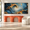Curling Blue Wave with Gold Tone Crests Painting shown above a console.