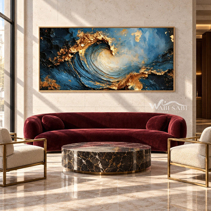 Curling Blue Wave with Gold Tone Crests Painting shown in a living room with a sofa.