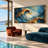 Curling Blue Wave with Gold Tone Crests Painting shown in a poolside interior.