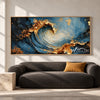 Curling Blue Wave with Gold Tone Crests Painting shown in a living room with a sofa.