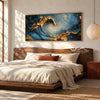 Curling Blue Wave with Gold Tone Crests Painting shown in a bedroom.