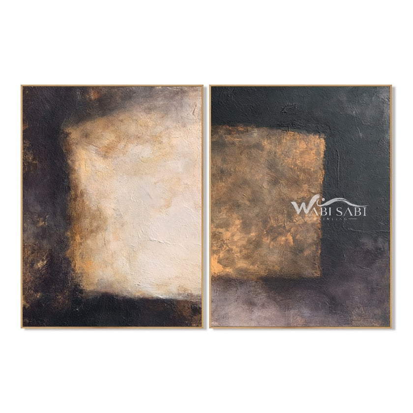 Dark Rectangle Diptych with Gold Tone Accent. Pale and gold-colored rectangles.