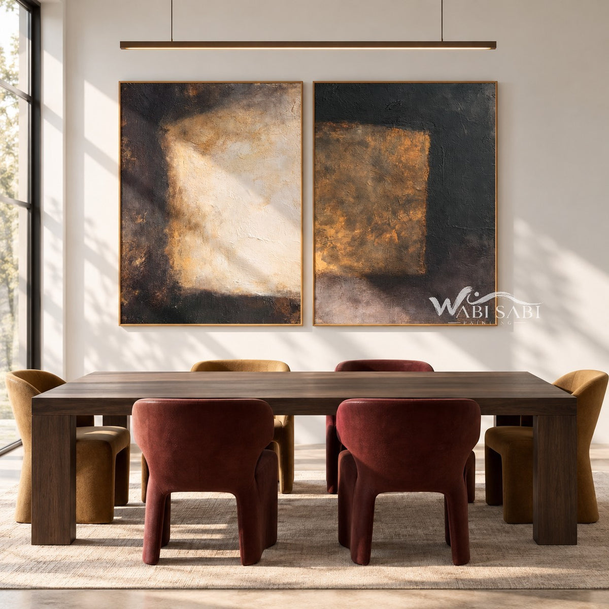 Dark Rectangle Diptych with Gold Tone Accent shown in a dining area.