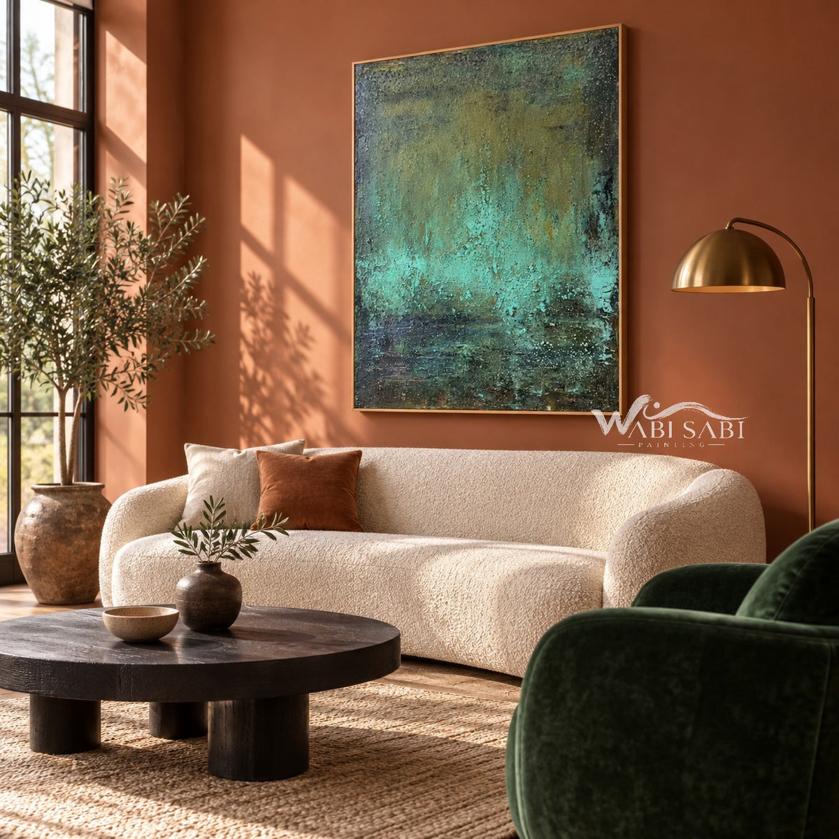 Deep Green Mottled Abstract Painting shown in a living room with a sofa.