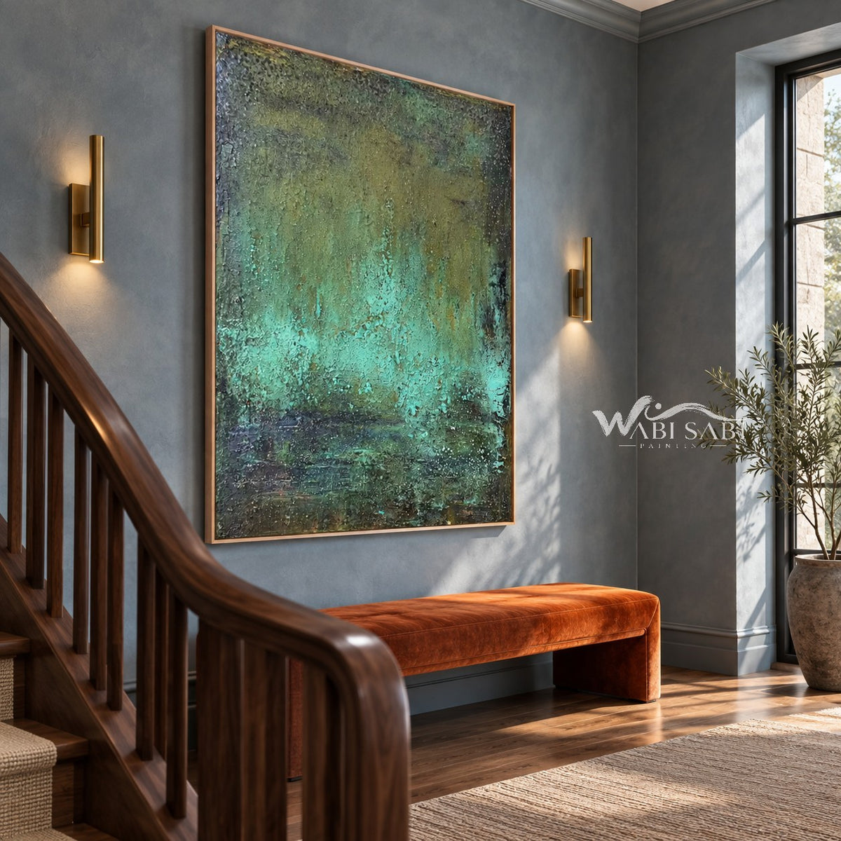 Deep Green Mottled Abstract Painting shown beside a staircase.