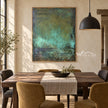 Deep Green Mottled Abstract Painting shown in a dining area.