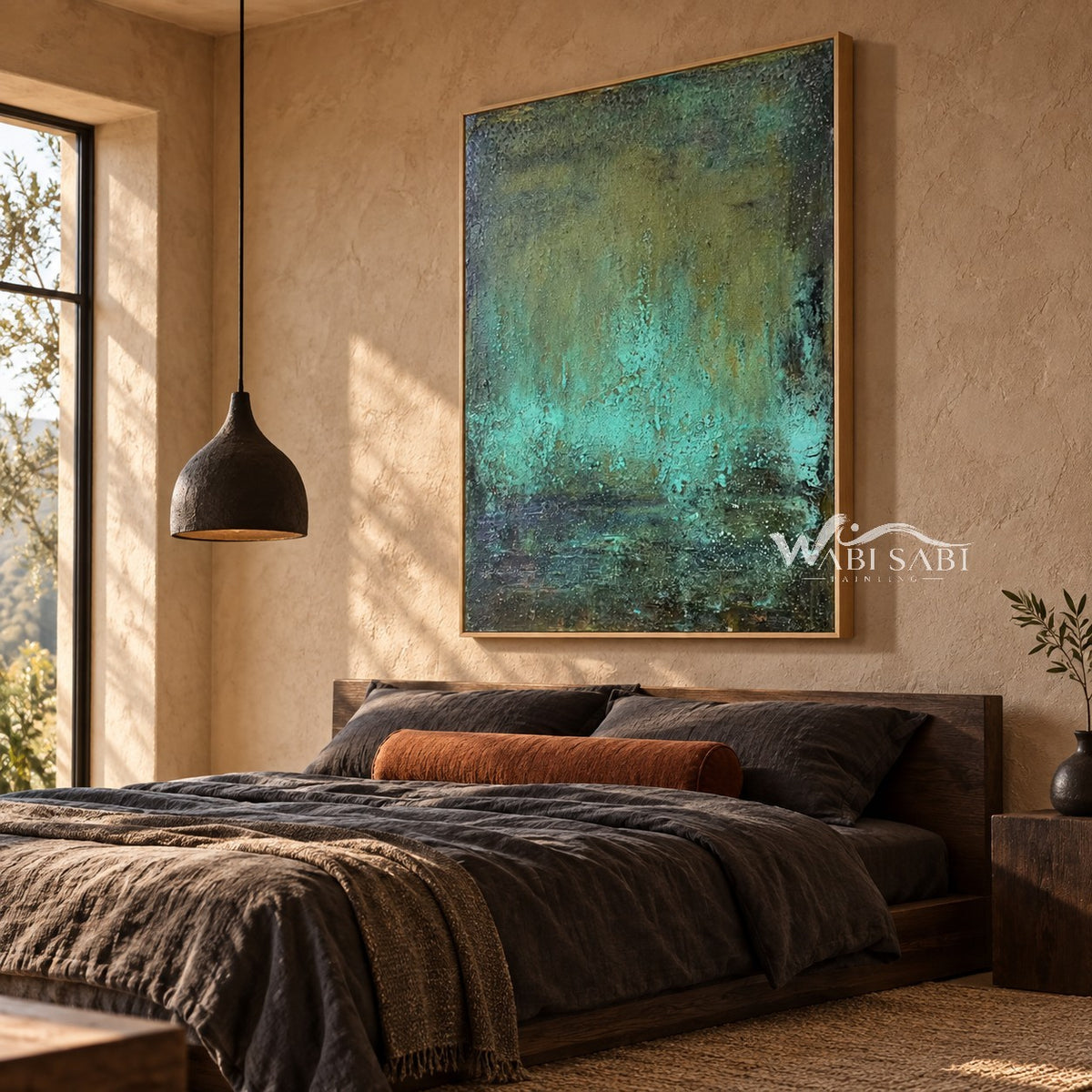 Deep Green Mottled Abstract Painting shown in a bedroom.