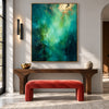 Deep Teal and Mint Abstract Wall Art shown above a console and red bench.