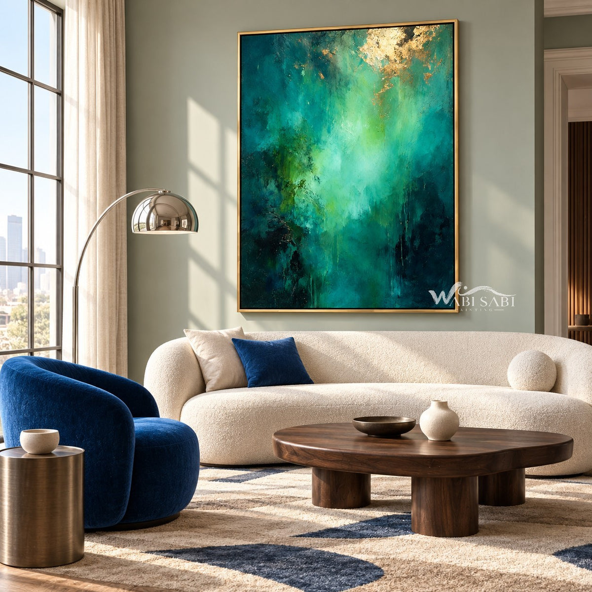 Deep Teal and Mint Abstract Wall Art shown above a cream sofa beside a blue chair.