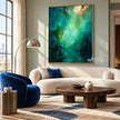 Deep Teal and Mint Abstract Wall Art shown above a cream sofa beside a blue chair.