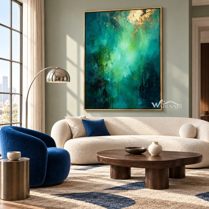 Deep Teal and Mint Abstract Wall Art shown above a cream sofa beside a blue chair.