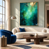 Deep Teal and Mint Abstract Wall Art shown above a cream sofa beside a blue chair.