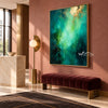 Deep Teal and Mint Abstract Wall Art shown above a burgundy bench.