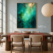 Deep Teal and Mint Abstract Wall Art shown behind a dining table.