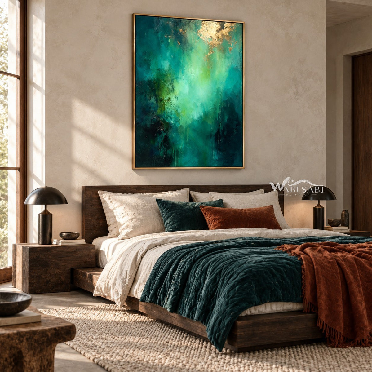 Deep Teal and Mint Abstract Wall Art shown above a bed with dark green bedding.