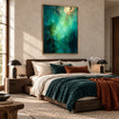 Deep Teal and Mint Abstract Wall Art shown above a bed with dark green bedding.
