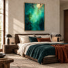 Deep Teal and Mint Abstract Wall Art shown above a bed with dark green bedding.