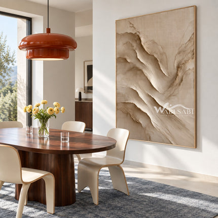 Diagonal Ivory Rock Layers Painting shown in a dining area.