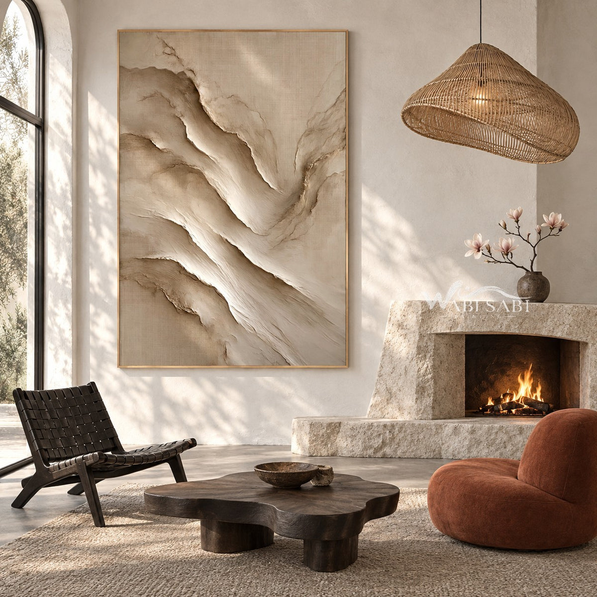 Diagonal Ivory Rock Layers Painting shown near a fireplace.