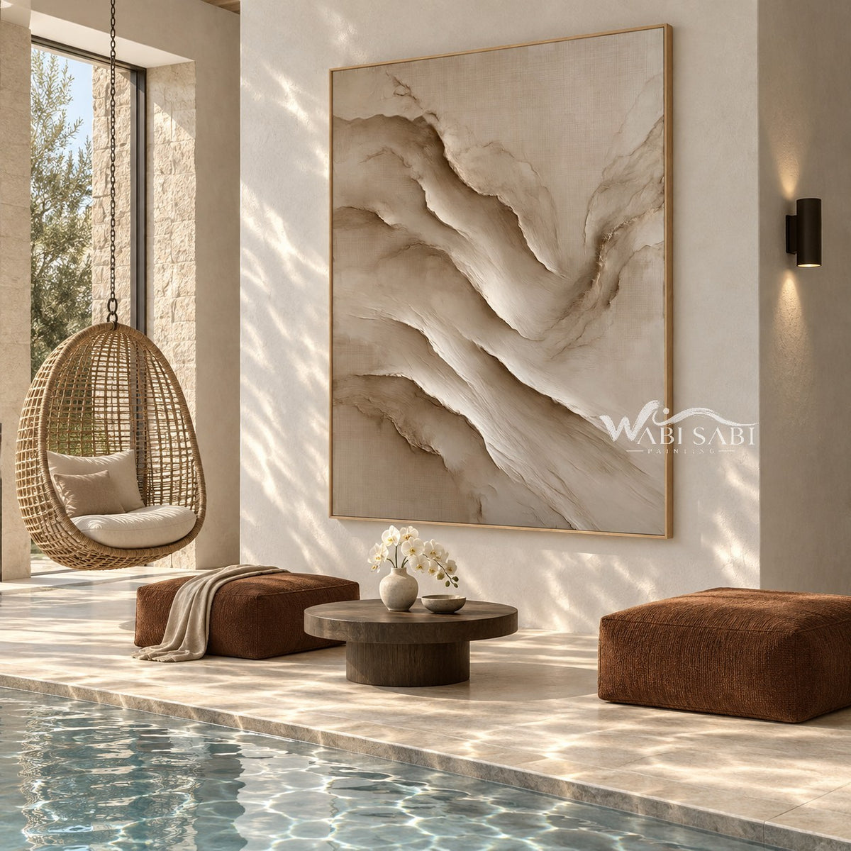 Diagonal Ivory Rock Layers Painting shown in a poolside interior.