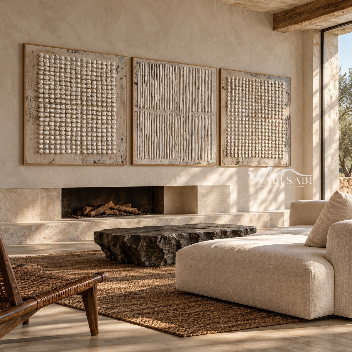 Dots and Fine Lines 3-Piece Set shown near a fireplace.