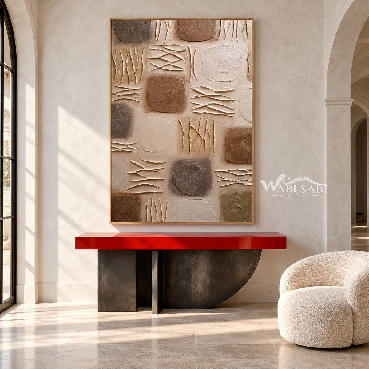 Earth Tone Blocks with Diagonal Marks Painting shown above a console.