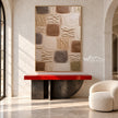 Earth Tone Blocks with Diagonal Marks Painting shown above a console.