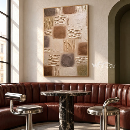 Earth Tone Blocks with Diagonal Marks Painting shown in a bar area.